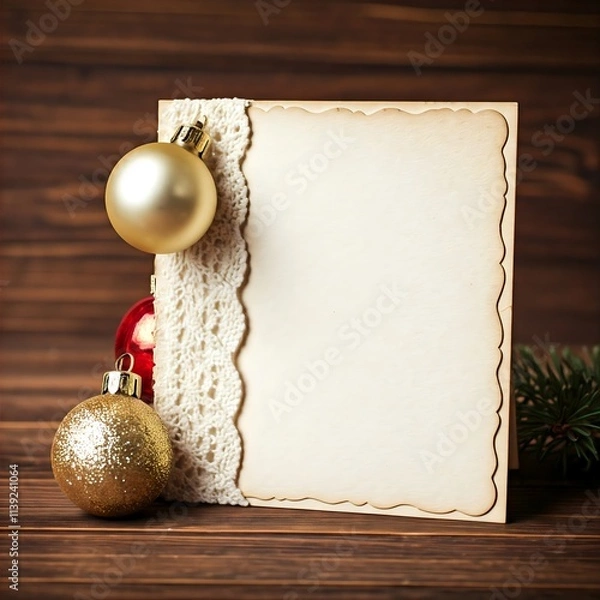 Fototapeta An aged paper card with a lace border, adorned with gold and red Christmas ornaments, on a dark wood table, with space for text or image.