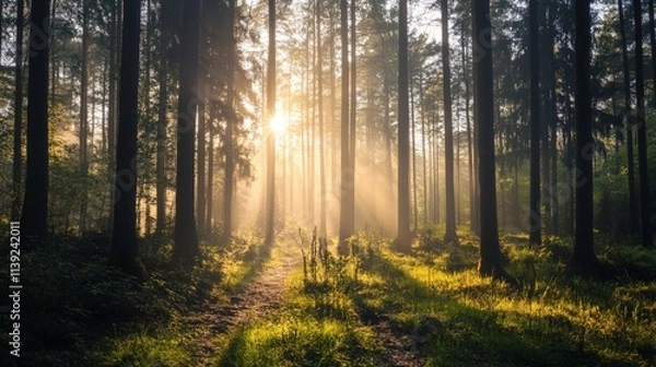 Fototapeta Sunlight streaming through the trees in a forest.