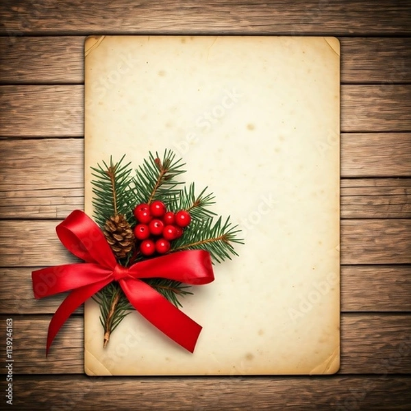 Fototapeta A distressed paper card with Christmas decorations, a red bow, berries and pine, on a wood background, with a cream-colored space for text or image.