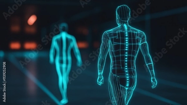 Fototapeta Futuristic Digital Human Figures Walking in a High-Tech Environment, Representing Concepts of Biomechanics, Motion Capture, and Advanced Technology in Sports Science