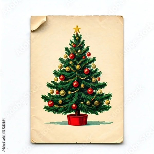 Fototapeta A vintage illustration of a Christmas tree decorated with red and gold ornaments, and a star on top, printed on aged paper with folded edges.