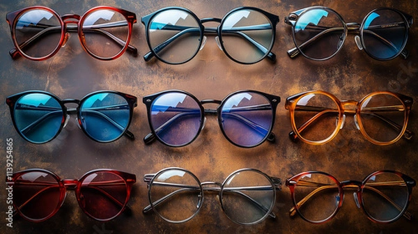 Obraz Flat lay photo of multiple glasses on textured backgrounds like wood, marble, or fabric Eyewear ad, stylish glasses, flat lay