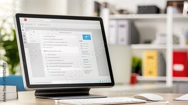 Fototapeta Close-up of neatly organized inbox on digital screen with blurred email icons and folders, symbolizing efficient email storage and management.