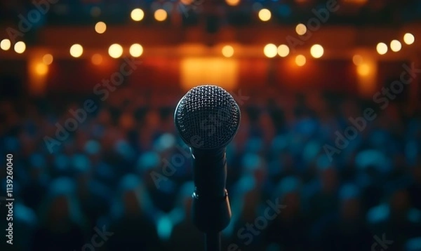 Fototapeta A microphone stands on the stage of an auditorium filled with people, closeup with a blurred background, Generative Ai