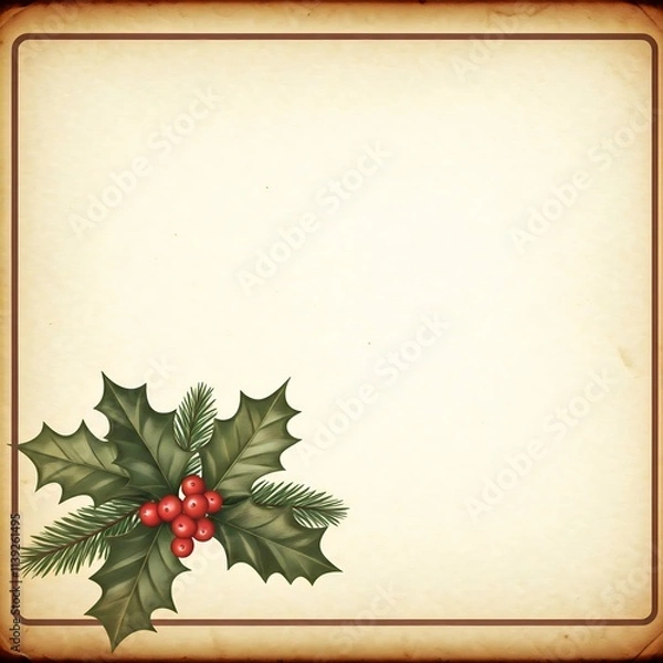 Fototapeta A greeting card with a vintage design, distressed border, and a holly and berry illustration in the lower left corner.