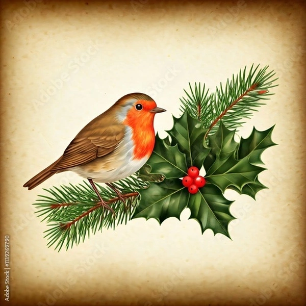 Obraz An illustration of a robin perched on a pine branch with holly leaves and red berries on an aged paper background.