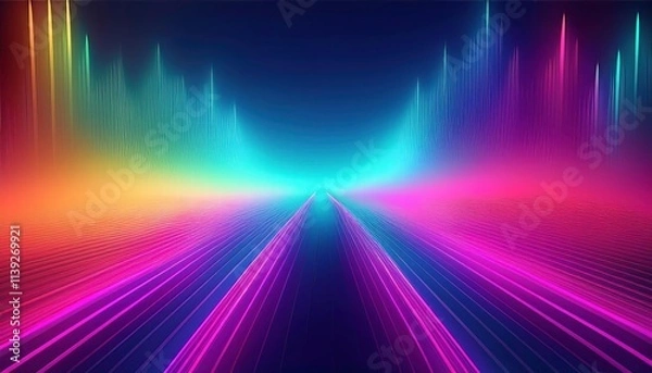 Fototapeta Neon Rainbow Highway: A mesmerizing digital art piece featuring a vibrant rainbow of neon lights forming a highway stretching into the horizon. The abstract design evokes a sense of movement, speed.
