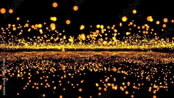 Obraz Festive abstract background with gold particles shining golden sparkles, blurred bokeh, on black background.