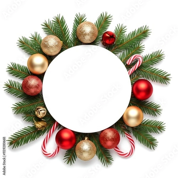 Fototapeta A white circular frame surrounded by red and gold Christmas ornaments, pine branches and candy canes on a white background.