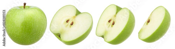 Fototapeta green apple (granny smith apple), half and slice isolated, transparent PNG, collection, PNG format, cut out
