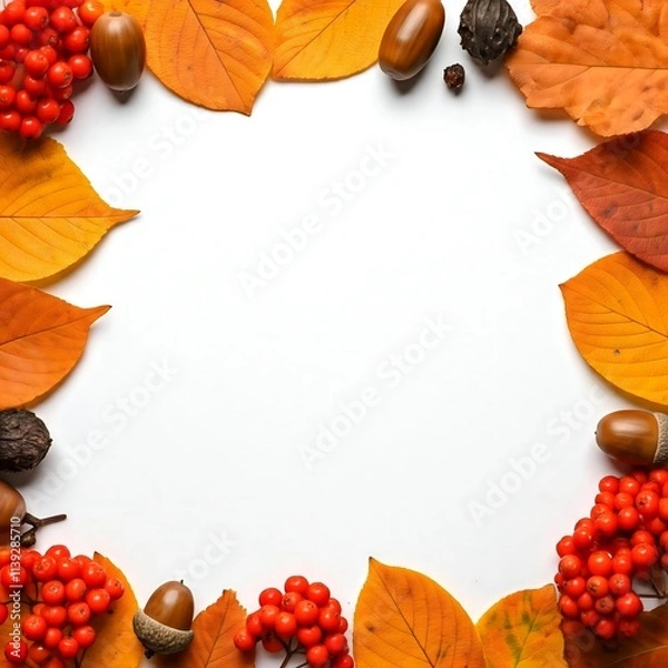 Fototapeta Autumnal frame with dry leaves in warm colors, acorns, and red berries, over a white background, ideal for text or design.


