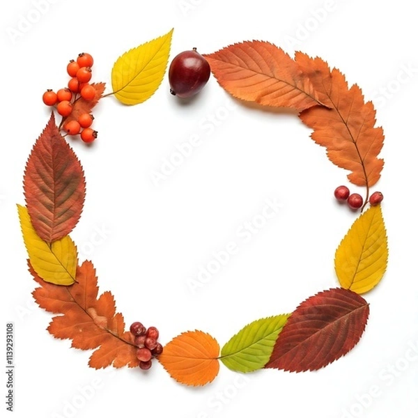 Fototapeta Circular autumnal frame with leaves of various colors, berries, and a small fruit, over a white background, ideal for text or design.
