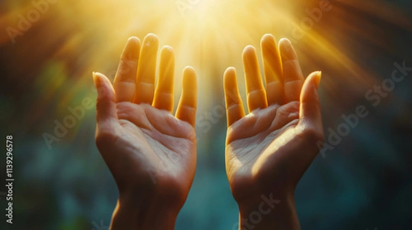 Obraz Hands raised in worship, reflecting on the Eucharist and seeking divine blessings during Lent