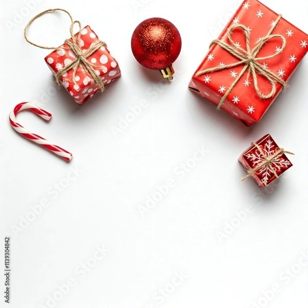 Fototapeta Christmas composition with red gifts, a decorative bauble and a candy cane, over a white background, ideal for design or messages.
