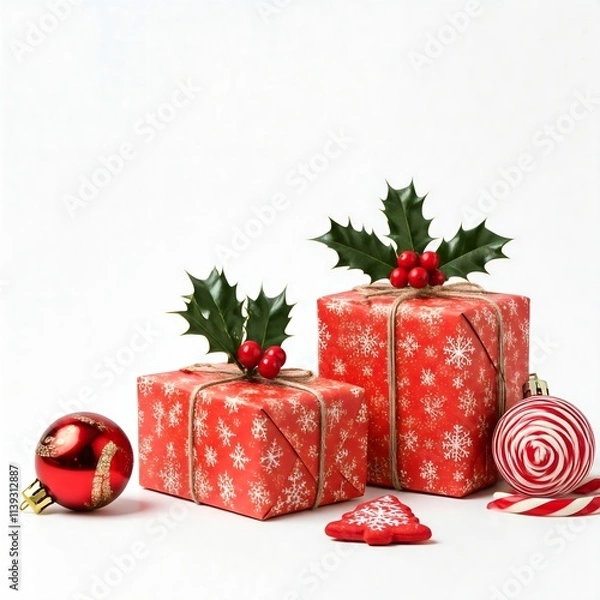 Obraz Christmas scene with red gifts decorated with holly, ornaments, and a candy cane on a white background, ideal for festive designs.

