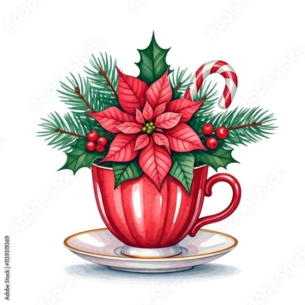 Obraz Christmas illustration of a red cup with a poinsettia, pine branches, holly and a candy cane, on a white background.