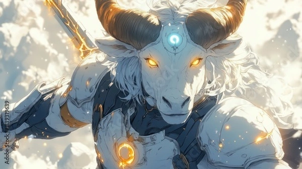Fototapeta Majestic white ram warrior in futuristic armor, glowing eyes, sword, clouds.