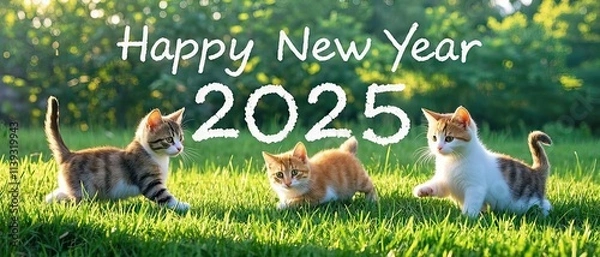 Fototapeta little cats are happily playing on the outdoor grass, with the English words "Happy New Year" and "2025" in the background. Realistic photos, they are on the right side of the photo, with a panoramic 