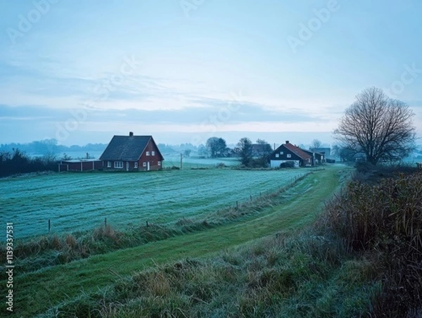 Fototapeta Awakening serenity countryside landscape at dawn tranquil fields and farmhouses in soft blue light