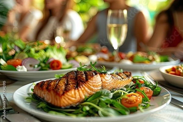 Fototapeta Premium Quality Picture of Dinner Table with Grilled Salmon and Salads, Joyful Meal Scene