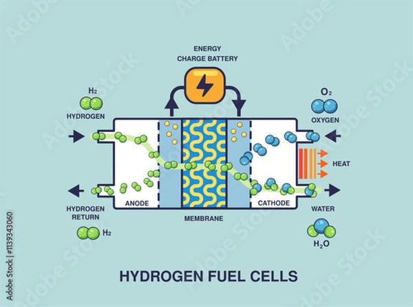 Fototapeta Vector illustration of Hydrogen fuel cells work principle with solid color