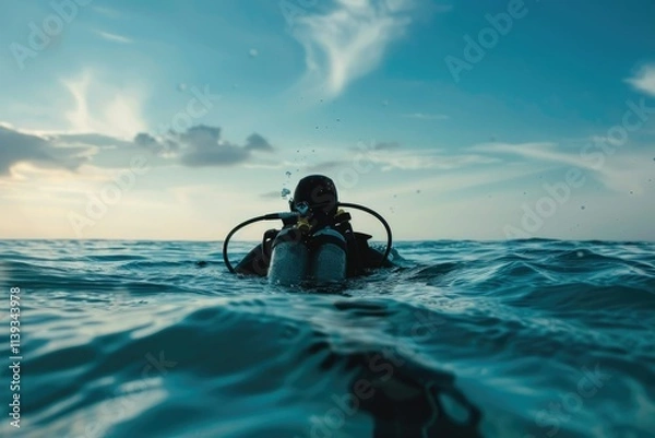 Fototapeta Premium Quality Image of Scuba Diver Preparing for a Diving Lesson in Open Water