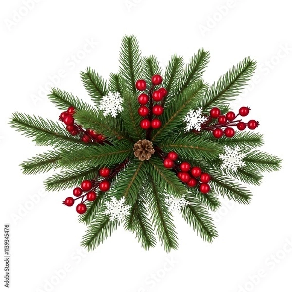 Fototapeta Christmas arrangement with pine branches, red berries, pinecone and snowflakes, on a white background, ideal for festive designs.

