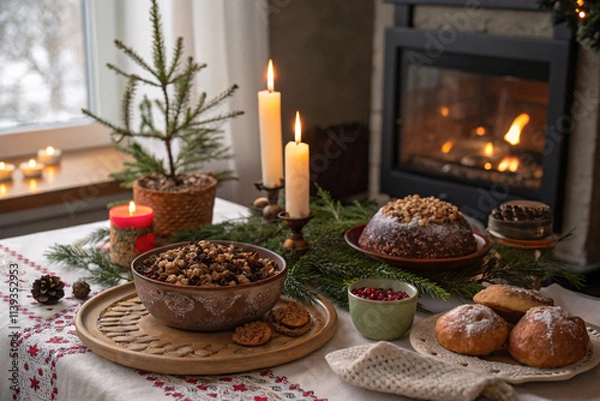 Fototapeta Warm festive table setting with desserts, candles, and greenery near a fireplace, creating a cozy holiday atmosphere
