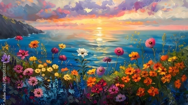 Fototapeta A picturesque scene of a coastal meadow, filled with wildflowers in full bloom. The setting sun casts a warm glow over the landscape, creating a magical and romantic atmosphere.