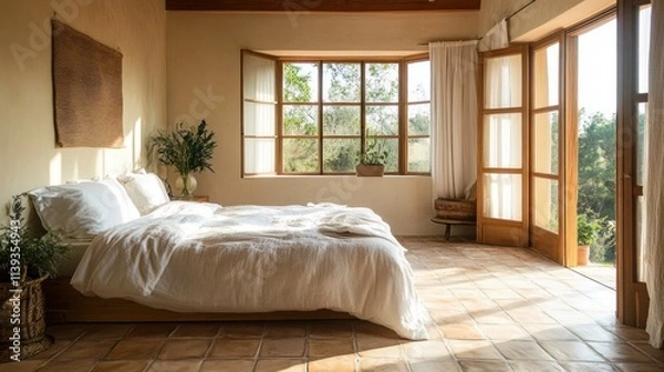 Fototapeta Serene Bedroom in a Rustic Villa with Natural Light and Views