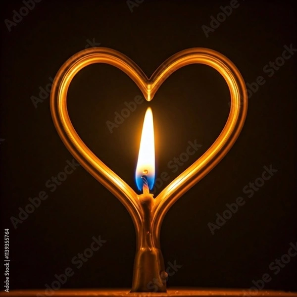 Fototapeta A lit candle inside a golden heart-shaped structure over a dark background, ideal for themes of love and romance.