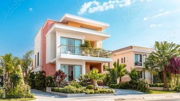 Fototapeta Vibrant and Spacious Modern Indian Home with Lush Garden and Balconies Offering Ample Copy Space in the Surrounding Open Sky