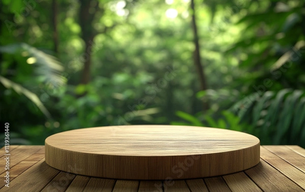 Fototapeta clean wooden podium for product showcase in lush green forest. natural setting enhances presentation appeal
