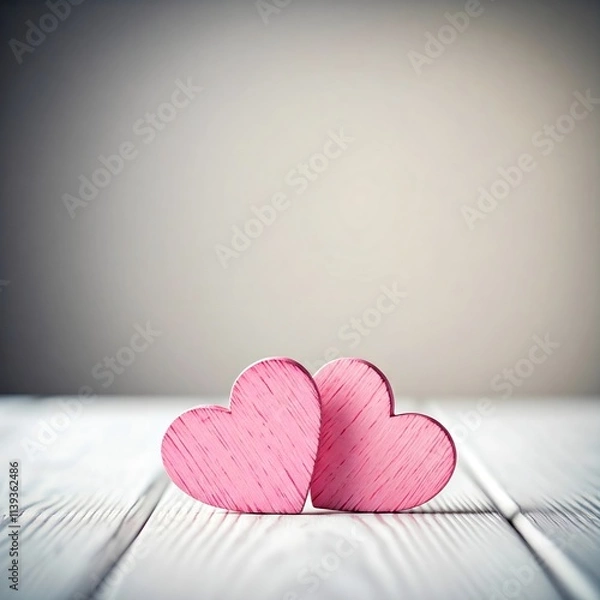 Fototapeta Two pink wooden hearts on a white wooden table, with a gray gradient background, ideal for themes of love and romance.
