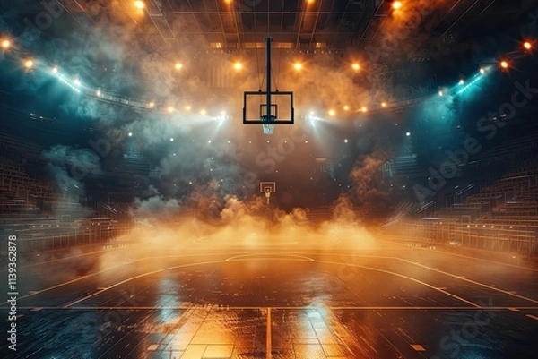 Fototapeta Dynamic View of a Basketball Court in a Stadium with Bright Lights and Theatrical Smoke Effects