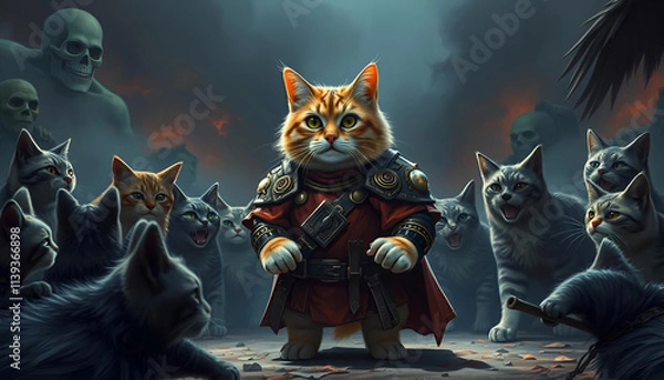 Fototapeta There is a cat wearing a battle dress and he is standing on the battlefield and there are many cats around him ready to attack him.