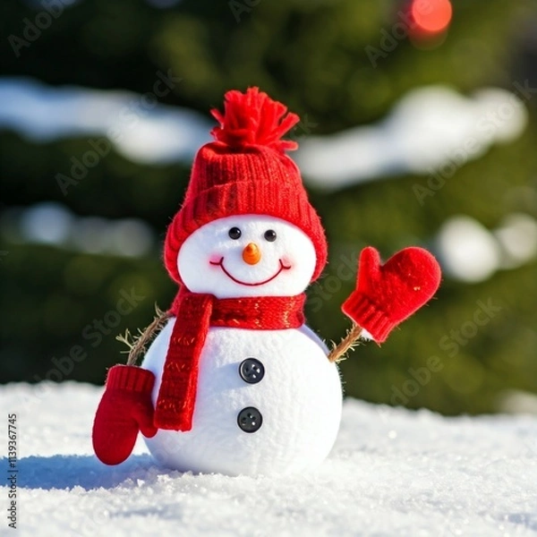 Fototapeta An adorable snowman with a red hat and gloves, on a snowy background with blurred trees, ideal for Christmas and winter themes.
