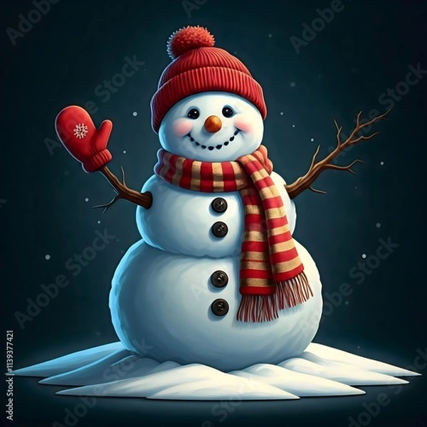 Fototapeta Illustration of a smiling snowman with a red hat, scarf and gloves, on a snowy dark blue background, ideal for winter and Christmas themes.


