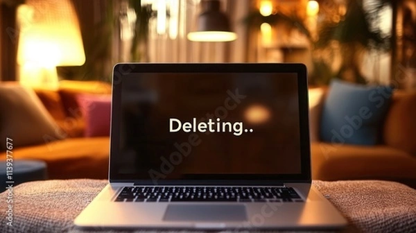 Obraz Laptop computer screen displaying deleting message in dark room with warm ambient lighting