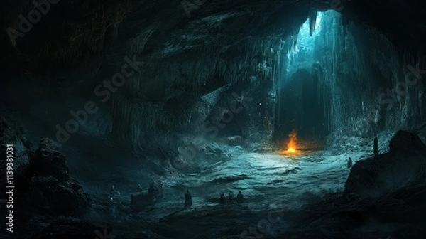 Obraz Figures Gather Around a Fire in a Dark, Stalactite-Filled Cave