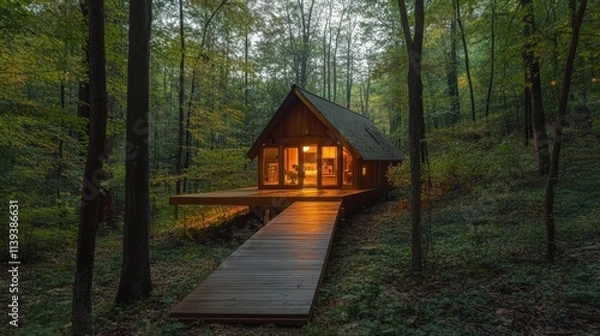 Fototapeta Illuminated Cabin nestled within a verdant forest setting