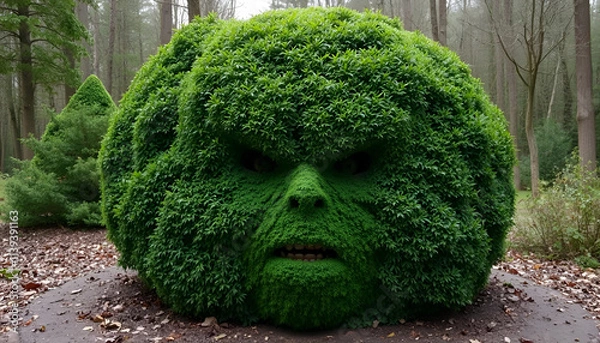 Fototapeta There is a green bush that has adopted a human face and it is very scary and people do not come close to it out of fear, they stand at a distance and watch.