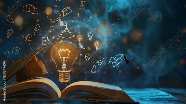 Fototapeta Illustrate a lightbulb glowing on top of an open book with a graduation hat beside it and education icons floating around. 