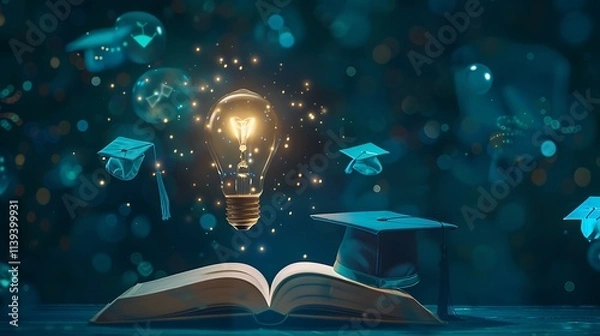 Fototapeta Illustrate a lightbulb glowing on top of an open book with a graduation hat beside it and education icons floating around. 
