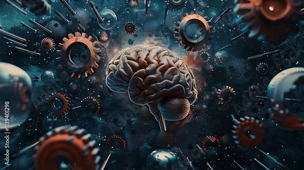 Fototapeta Illustrate a retro collage featuring a human brain with gears and abstract shapes around it.