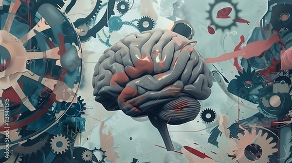 Fototapeta Illustrate a retro collage featuring a human brain with gears and abstract shapes around it. 