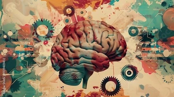 Fototapeta Illustrate a retro collage featuring a human brain with gears and abstract shapes around it. 