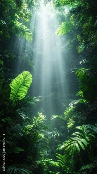 Fototapeta Sunbeams Piercing Through Lush Tropical Rainforest Canopy