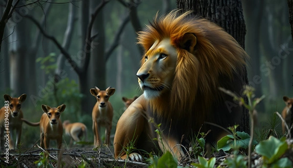 Fototapeta There is a wild lion that is staying in the forest and there are many animals near it that are standing far away from it out of fear and it looks very dangerous and its background is very scary.