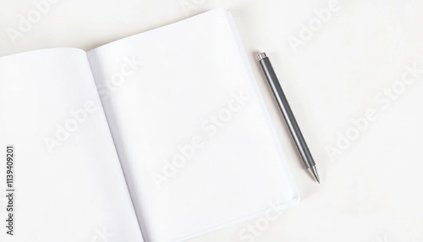 Fototapeta Blank notebook and pen on white background, minimalist workspace